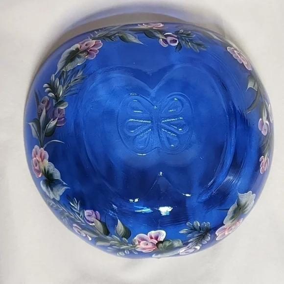 HANDPAINTED Cobalt Blue Bowl Floral Serving Dish Large Butterfly Roses Dimpled - Picture 10 of 14